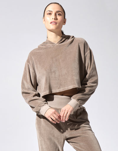 Velour Cropped Hoodie [Khaki]