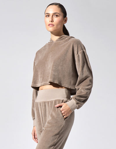 Velour Cropped Hoodie [Khaki]