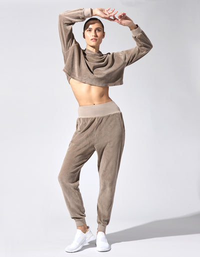 Velour Cropped Hoodie [Khaki]